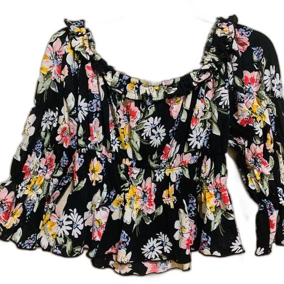 Forever 21 black top women floral  smock waist crop top size M boho streetwear - Picture 2 of 8